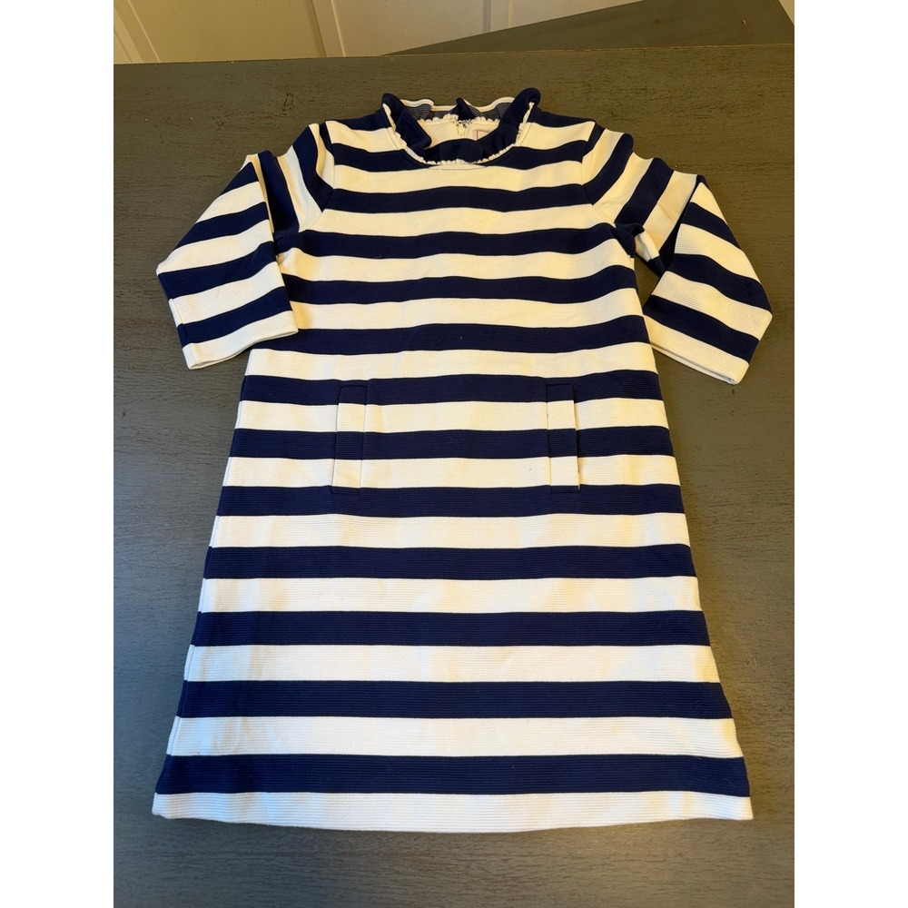 Classic Prep Rowayton Girls Navy White Striped Ruffle Neck Dress Size 10